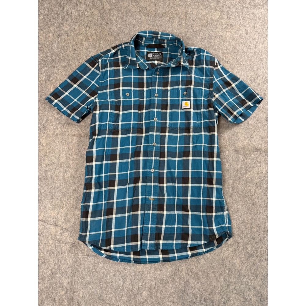 Carhartt Plaid Shirt Mens S Blue Cotton Short Sleeve Relaxed Fit Workwear Casual